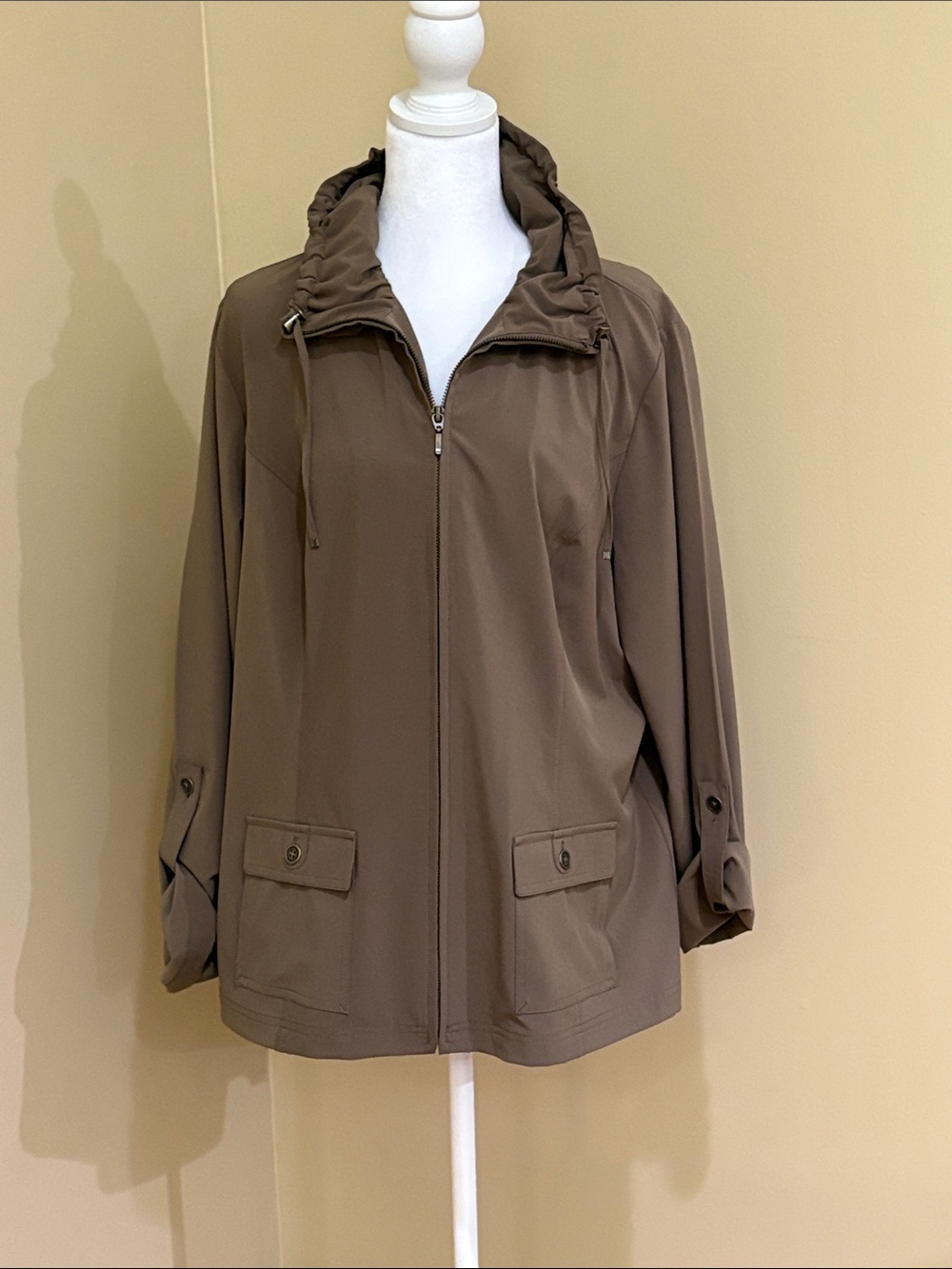 Chico’s Taupe Hooded Zip-Front Jacket weekend line